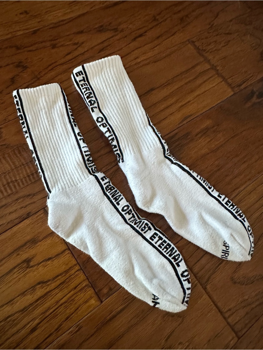 White Crew Socks with Black Stripe and Text